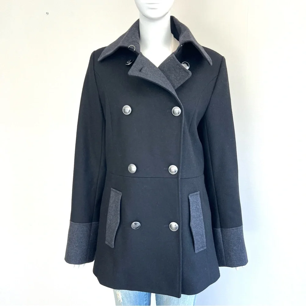 NAUTICA Women's Black Gray Trim Wool Blend Double Breasted Button Peacoat Sz M